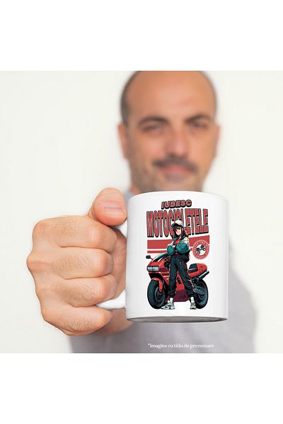 StoryGift Romania Cana cu Fata Animata Cu Sapca Tinuta Sport Motor Rosu Sport Viteza Text Iubesc M, Cu Maner Alb