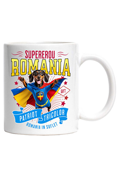 StoryGift Romania Mug with Dachshund Dog in Captain Romania Costume with Cape, Hero, with White Handle