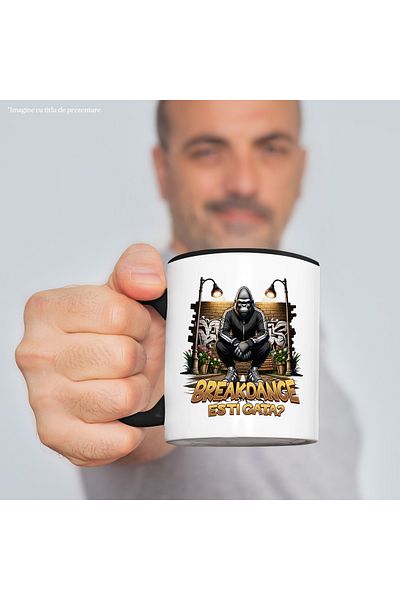 StoryGift Romania Cana Gorila breakdance dans de strada sport, 330ml, Ceramica cu Maner Negru, Cu Maner