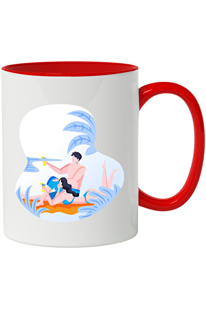 StoryGift Romania Cana Cu Plaja, Nisip, Mare, Bautura, Multicolor 330 ml, Ceramica cu Maner Rosu, Cu Maner Rosu