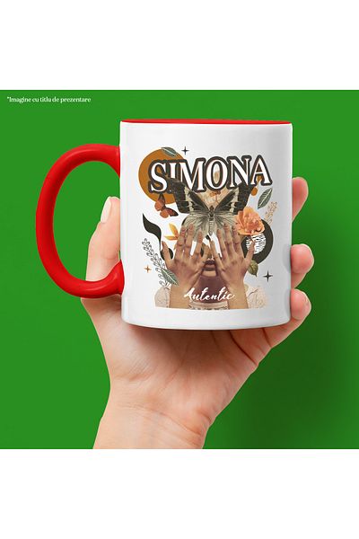 StoryGift Romania Mug With Name Simona, Girl Collage, Butterfly, Flowers, Circle, 330ml, Ceramic with Handle, With