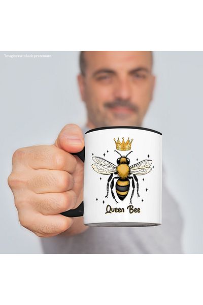 StoryGift Romania Mug with a bee with a crown and stars around it with the message "Queen Bee", queen of, with a black handle