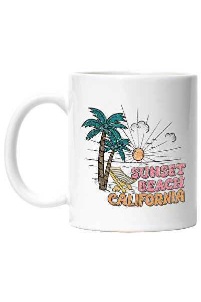 StoryGift Romania Cana cu mesajul "Sunset beach California", vara, vacanta, relaxare, concediu, il, Cu Maner Alb