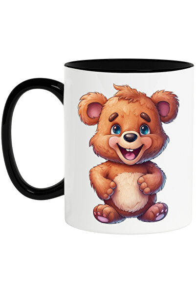 StoryGift Romania Cana cu un ursulet vesel | ilustratie | bucuros | jucaus | pentru copii | priete, Cu Maner Negru