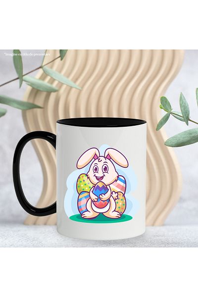 StoryGift Romania Cana Cu Iepure, Oua Decorate, Paste, Sarbatoare, Multicolor 330 ml, Ceramica cu , Cu Maner Negru