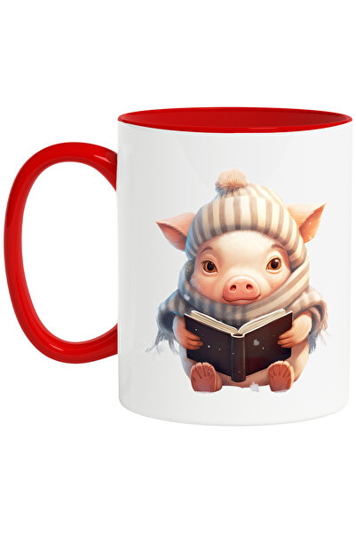 StoryGift Romania Cana cu un purcelus cu fular si caciula | ilustratie | carte | lectura | frig | , Cu Maner Rosu