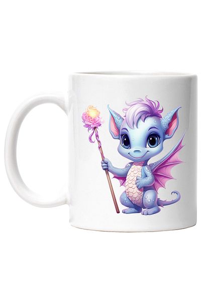 StoryGift Romania Cana cu un pui de dragon care tine un toiag in mana | magie | floare | vraja | v, Cu Maner Alb