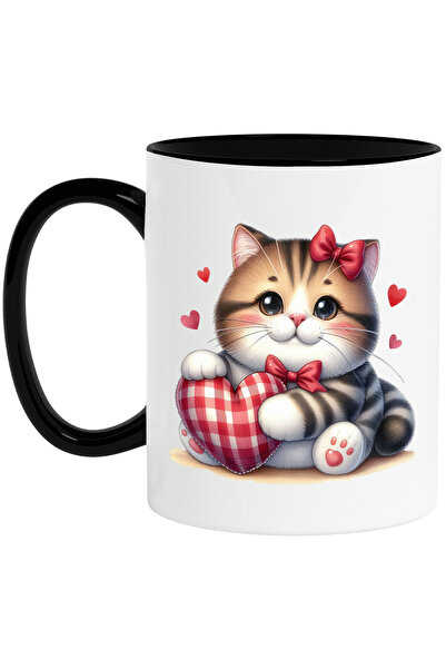 StoryGift Romania Cana cu o pisicuta plinuta | ilustratie | inimioare | afectiune | imbujorata | f, Cu Maner Negru