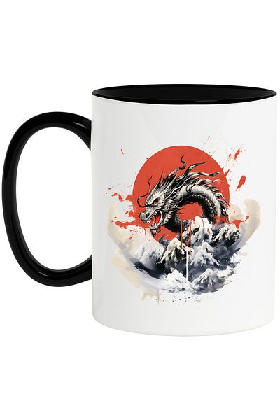 StoryGift Romania Cana cu un dragon chinezesc, ilustratie, cerc rosu, iese din apa, mare, furios, , Cu Maner Negru
