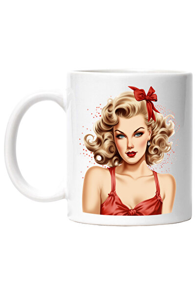 StoryGift Romania Cana cu femeie frumoasa cu maiou rosu, funda, blonda, ilust...