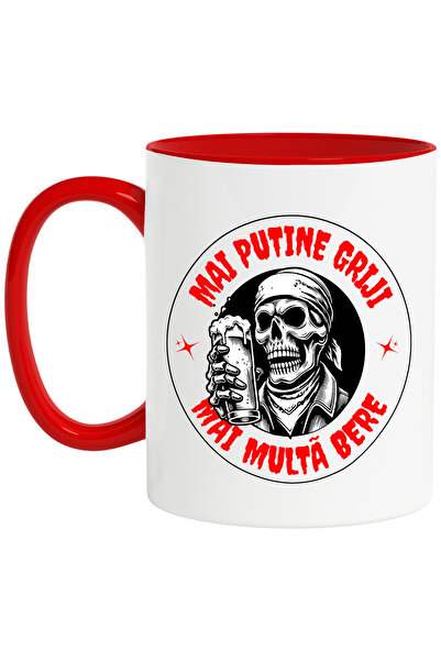 StoryGift Romania Cana Mai putine griji, mai multe bere schelete pirat, 330ml, Ceramic cu Maner Ro, Cu Maner Rosu