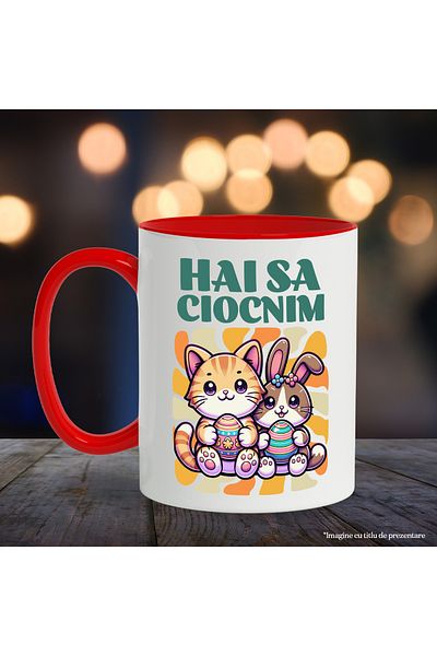 StoryGift Romania Cana Iepurasi De Paste Hai Sa Ciocnim Sarbatoare Hristos A Inviat, 330ml, Cerami, Cu Maner Rosu Stg