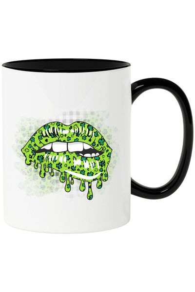 StoryGift Romania Cana cu niste buze date cu ruj verde | ilustratie | trifoi | Irlanda | musca de , Cu Maner Negru