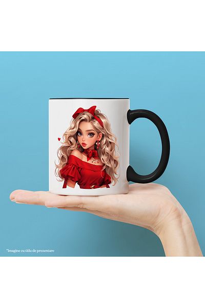 StoryGift Romania Mug with a beautiful face | blonde | red blouse | | bow | serious | 33, Cu ,STG