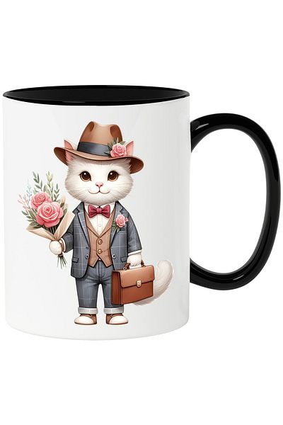StoryGift Romania Cana cu un motan alb la costum care tine un buchet cu trandafiri si o servieta |, Cu Maner Negru