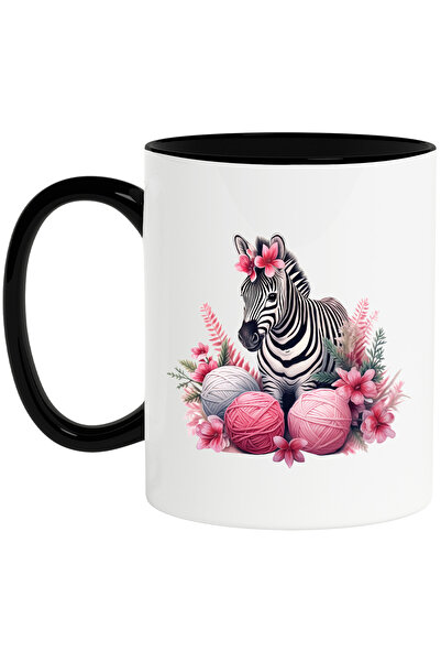 StoryGift Romania Cana cu o zebra | ilustratie | floricele | gheme de ata | roz | alba | plante | , Cu Maner Negru