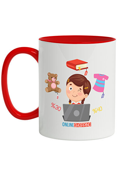 StoryGift Romania Cana Cu Online Shopping, Laptop, Reduceri, Carte, Urs, Haina, Multicolor 330 ml,, Cu Maner Rosu