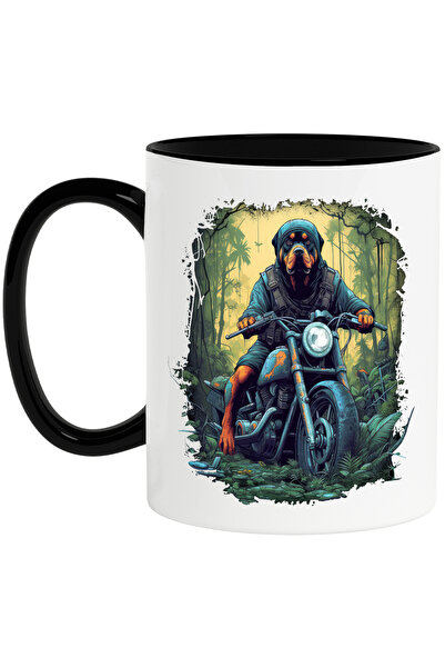 StoryGift Romania Cana cu un caine Rottweiler care sta pe o motocicleta | ilustratie | in padure |, Cu Maner Negru
