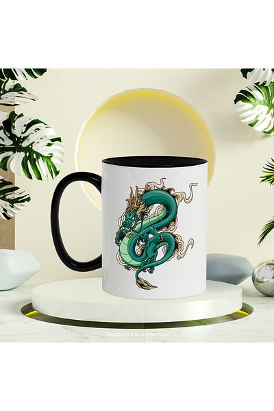 StoryGift Romania Cana Cu Dragon, Fum, Nor, Asiatic, Multicolor 330 ml, Ceramica cu Maner Negru, Cu Maner Negru