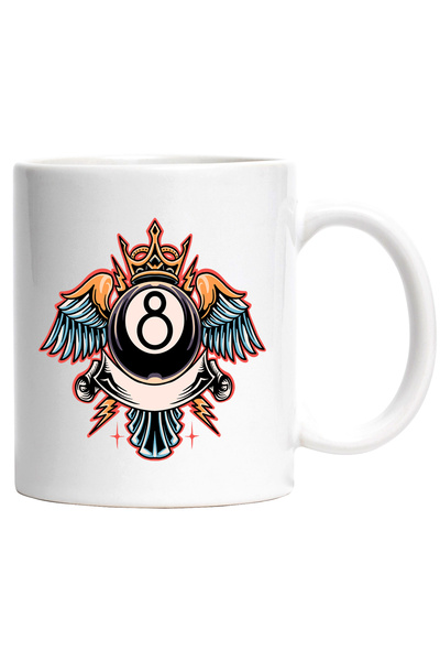 StoryGift Romania Cana Cu Biliard, Bila, Fulger, Coroana, Aripi, Stele, Multicolor 330 ml, Ceramic, Cu Maner Alb