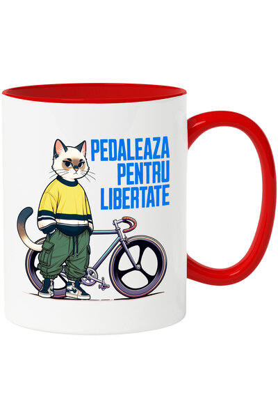 StoryGift Romania Cana cu Pisivca Tinuta moderna Cu Bicicleta Plimbare Relaxare Sport Text Pedalea, Cu Maner Rosu