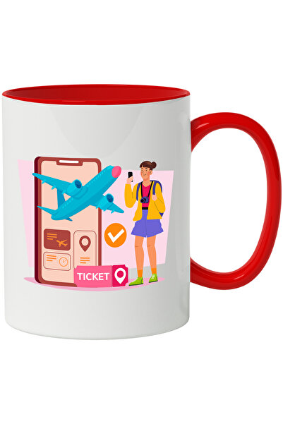 StoryGift Romania Cana Cu Calatorie, Avion, Bilet, Telefon, Planificator, Aparat Foto, Multicolor , Cu Maner Rosu