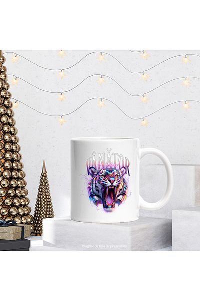 StoryGift Romania Cana Leu furios cu colti tigru Vanator din instinct, 330ml, Ceramic cu Maner Alb, Cu Maner Alb