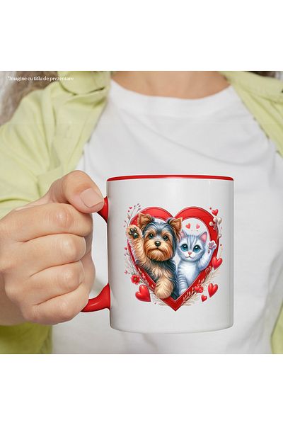 StoryGift Romania Mug with a kitten and a furry puppy making a hand gesture | illustration | frame in f, Cu,STG