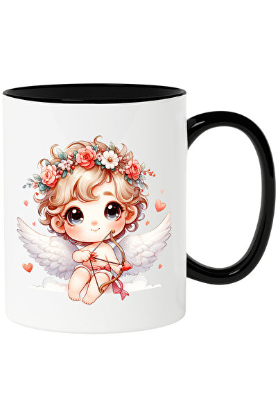 StoryGift Romania Cana cu un bebelus Cupidon care trage cu arcul | ilustratie | coroana din flori , Cu Maner Negru