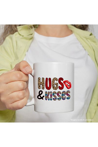 StoryGift Romania Mug with the message "Hugs & Kisses", red lips, letters of various colors, Valentine, With White Handle