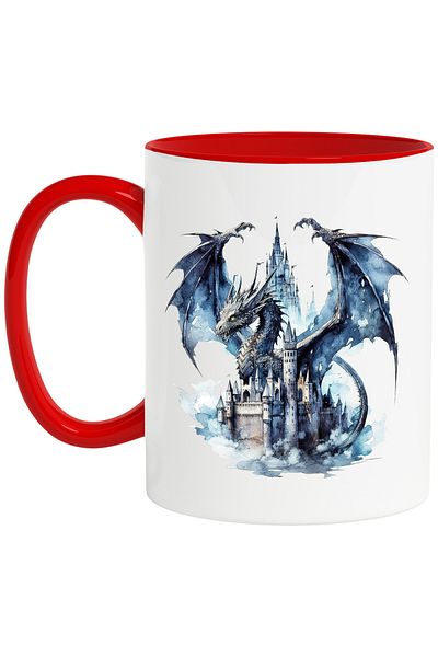 StoryGift Romania Cana cu un dragon negru | ilustratie | castel | furios | creatura mitica | abstr, Cu Maner Rosu