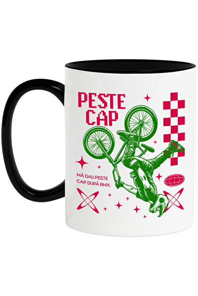 StoryGift Romania Cana Biker scheme peste cap bmx sport, 330ml, Ceramica cu Maner Negru, Cu Maner Negru