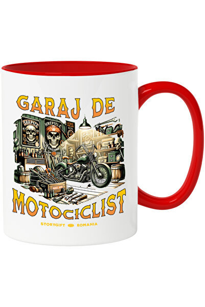 StoryGift Romania Cana garaj de motociclist cranii motor vintige , 330ml, Ceramic cu Maner Rosu, Cu Maner Rosu