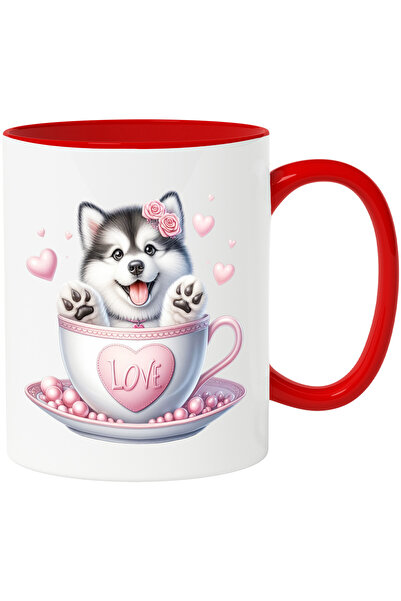 StoryGift Romania Cana cu un catel Malamut de Alaska | sta intr-o ceasca | flori | Valentine's Day, Cu Maner Rosu