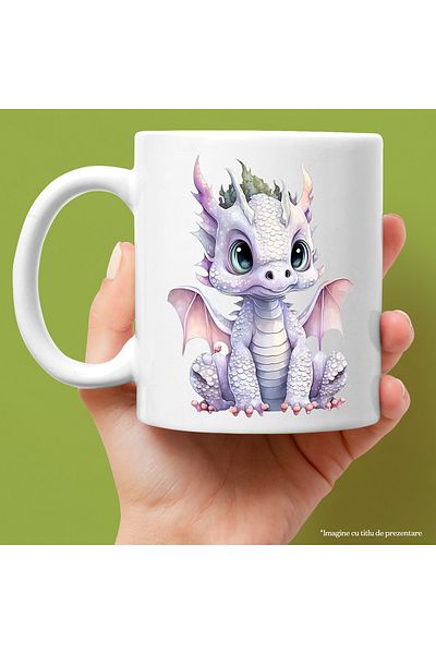 StoryGift Romania Cana cu un pui de dragon alb | ilustratie | serios | aripi deschise | copilarie , Cu Maner Alb