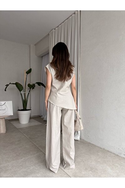 My Blog Natural Asymmetrical Blouse Trousers Set - 7227