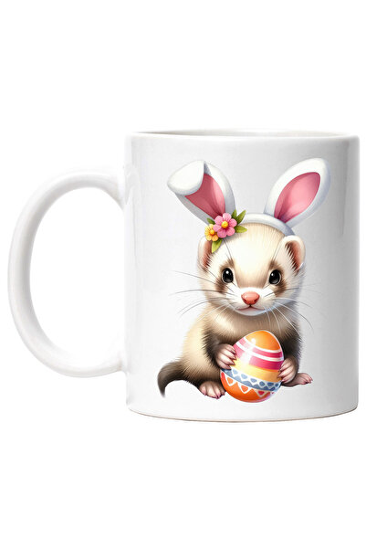 StoryGift Romania Cana cu un mic rozator, ilustratie, ou vopsit, urechi de iepure, floricele, sarb, Cu Maner Alb