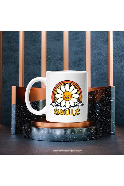 StoryGift Romania Cana cu mesajul "Smile", ilustratie, motivational, zambeste, floare, incredere c, Cu Maner Alb