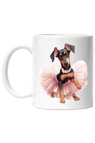 StoryGift Romania Cana cu Doberman in fusta de balerina, caine, animal de companie, ilustratie, da, Cu Maner Alb