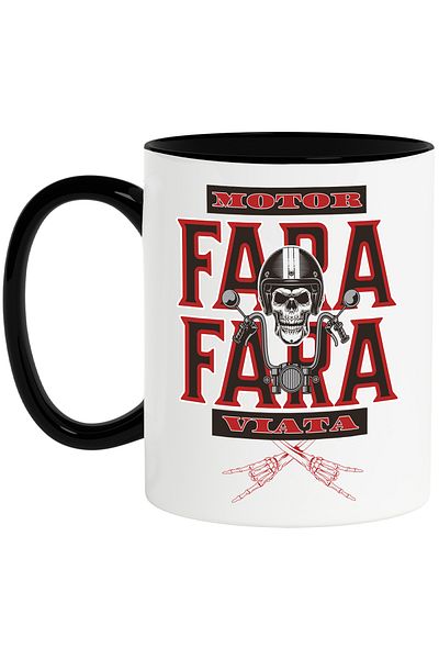 StoryGift Romania Cana fara motor fara viata craniu cu casca viteza, 330ml, Ceramica cu Maner Negr, Cu Maner Negru