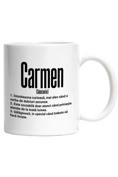 StoryGift Romania Cana Cu Numele Carmen, si Mesaj Amuzant, Curioasa, Sociabila, Galagioasa, 330ml,, Cu Maner Alb