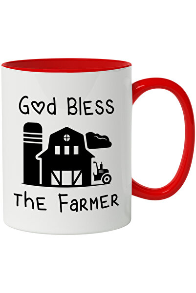 StoryGift Romania Cana Cu Mesaj In Engleza God Bless The Farmer, Tractor, Hambar, Siloz, Alb Negru, Cu Maner Rosu