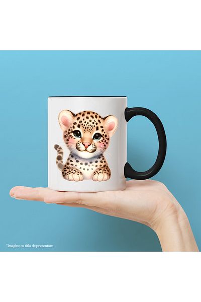StoryGift Romania Cana cu o femela jaguar | ilustratie | micuta | imbujorata | fericire | cuminte , Cu Maner Negru