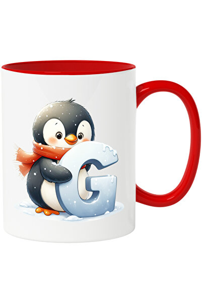 StoryGift Romania Cana cu un pinguin care tine litera "G" | ninge | frig | Polul Nord | scoala | a, Cu Maner Rosu