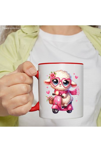 StoryGift Romania Mug with a sheep riding a scooter | illustration | ride | speed | basket, With ,STG
