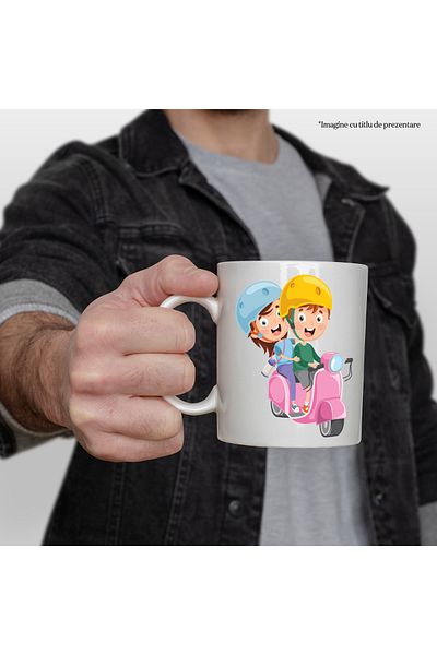 StoryGift Romania Cana Cu Scooter, Casca De Protectie, Termos, Calatorie, Condus, Multicolor 330 , Cu Maner Alb