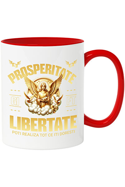 StoryGift Romania Cana cu Statuie Greceasca Cu Aripi Din Aur Text Prosperitate Libertate Poti Real, Cu Maner Rosu