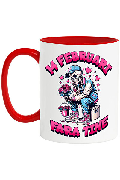 StoryGift Romania Cana cu Schelete Cu Buchet De Flori trist Text 14 Februarie fara Tine Dragoste, , Cu Maner Rosu