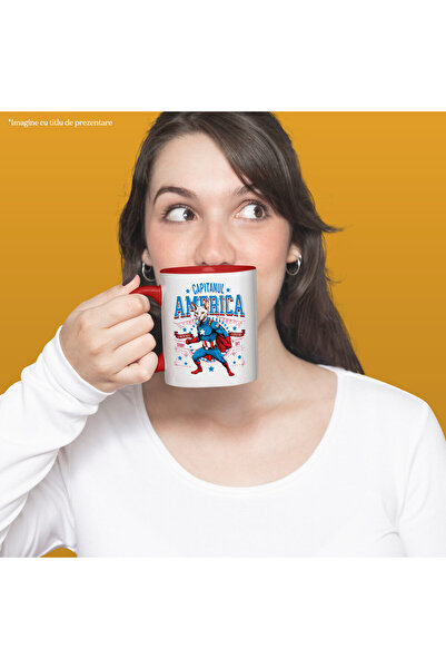 StoryGift Romania Mug with Sphynx Cat in Captain America Costume with Cape, Night Hero, By, With Red Handle