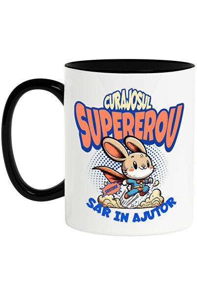 StoryGift Romania Cana cu Iepure In Costum De Super erou cu Pelerina Rosie Text Curajosul Sar In A, Cu Maner Negru